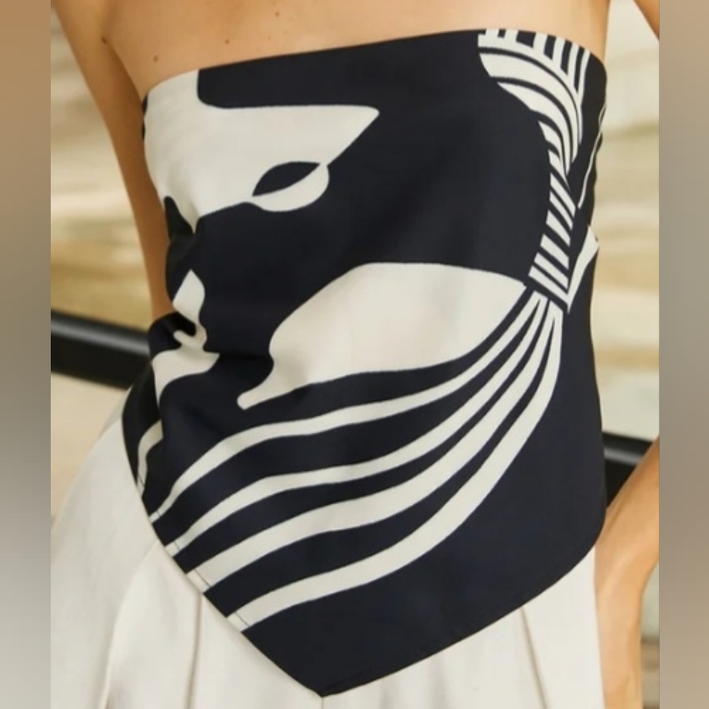 Black and White Abstract Print Tie Back Scarf Top, Fits S/M Missing Label